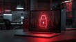 laptop on desk in modern office with red glow and a padlock on the screen