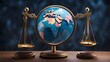 Legal and ethical considerations for AI The balancing scale, the scale of justice, and artificial intelligence legislation are displayed atop a globe to represent equality and peace throughout the wor