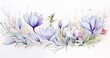 Watercolor, delicate pastel spring flowers in the lower corner 1:3 from the whole picture: crocuses, snowdrops, willow branches, white background