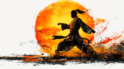 A dynamic illustration of a martial artist practicing with a striking orange sun backdrop, suggesting movement and traditional Asian culture.