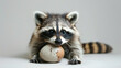 A baby raccoon is holding an egg in its mouth