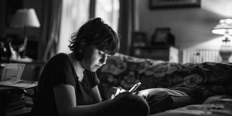 Canvas Print - A woman sitting on a couch looking at her cell phone. Generative AI.