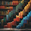 A creative depiction of a library where the books spines form an ascending bar graph marrying knowledge with financial growth