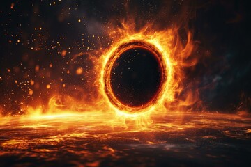 Wall Mural - A black hole is shown in flames with a bright light. Generative AI.