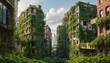 City skyline obscured by lush greenery with vines creeping up the sides of buildings and trees growing through abandoned structures, the effects of climate change, a future without humans