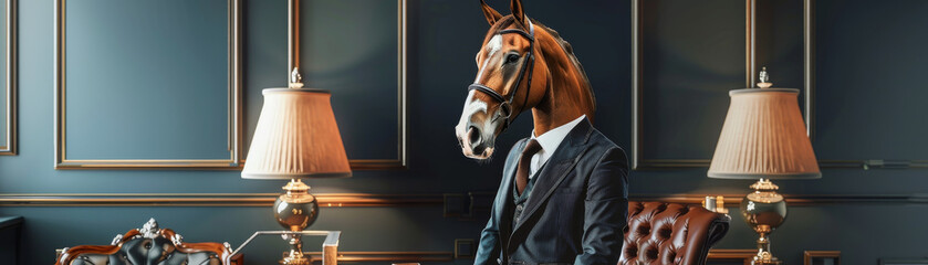 Wall Mural - A horse is wearing a suit and tie and standing in front of a desk