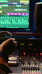 Fototapete - Vertical Video African american music producer recording tracks and editing them in post production, using mixing console with knobs and sliders. Audio expert processing sounds with technical gear