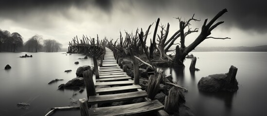 Sticker - A serene scene of a wooden bridge stretching over a calm lake with a small boat in the distance