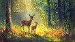 A mother deer and her fawn in a sunlit clearing, the forest's edge lined with the vibrant colors of wild flora. Emphasize an impressionistic style, focusing on mood rather than meticulous detail