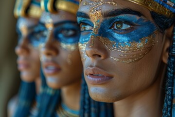 Donning Egyptian pharaoh costumes, a couple showcases organically inspired body art in dark black and blue hues, embodying ancient royalty with a modern twist.