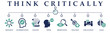 Think critically banner web solid icons. Vector illustration concept including icon of research, interpretation, concept, think, observation, solution, explanation and logic