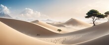 Tranquil Desert Landscape With Sand Dunes And Solitary Trees -- Banner With Copy Space Background Wallpaper