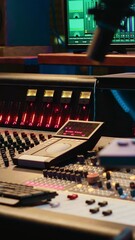 Fototapete - Vertical Video Control room with technical equipment and music recording software, professional studio editing and producing tracks. Audio console with moving faders and colored meters, high quality