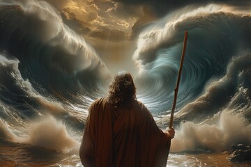 Wall Mural - Portrait of the biblical back view of Moses dividing the sea with his stick: a depiction of divine power and liberation, with towering walls of water parting to reveal a path of destiny.
