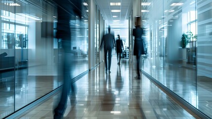 Wall Mural - Interior of office and employees in company corridor, motion blur effect . generative AI