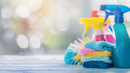 A table with cleaning supplies including a bucket, a bottle of blue cleaner, a bottle of green cleaner, and a bottle of yellow cleaner