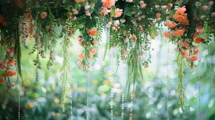 Green background for a garden party or outdoor event, decorated with floral arrangements, hanging vines and greenery