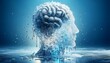 Icy human head profile with a detailed brain melting into water, conveying the concept of mental thawing or the fluidity of thoughts and intelligence