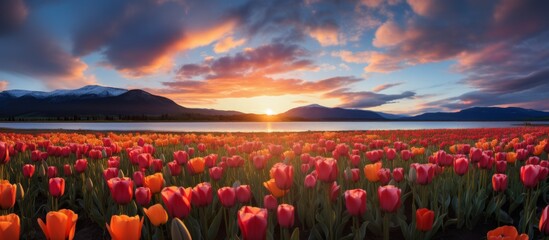 Poster - Vibrant red tulips bloom in a field as the sun gently sets in the background, creating a picturesque scene