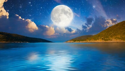 Wall Mural - Romantic Moon With Clouds And Starry Sky Over Sparkling Blue Water