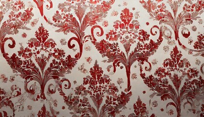 Wall Mural - Red wallpaper vintage flock with red damask design on a white background retro vintage style