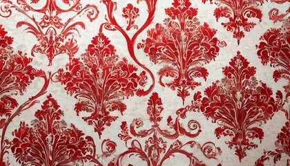 Wall Mural - Red wallpaper vintage flock with red damask design on a white background retro vintage style