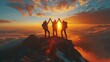 © Pixel-Tropic - Together overcoming obstacles with three people holding hands up in the air on mountain top , celebrating success and achievements
