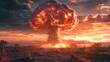 Nuclear blast. Fire mushroom cloud. Atomic bomb explosion. Deserted land. Apocalypse, world war. AI Generated