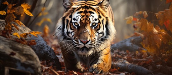 Canvas Print - A majestic tiger is stealthily moving through the fallen leaves in a dense forest, showcasing its powerful presence and natural habitat