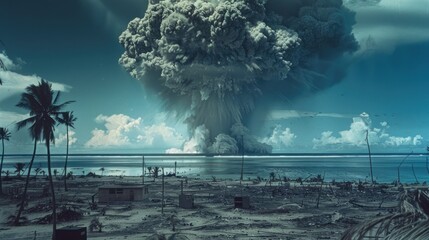 Wall Mural - Nuclear blast in the ocean. Fire mushroom cloud. Atomic bomb explosion. Apocalypse, world war. AI Generated