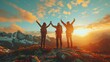 © Pixel-Tropic - Together overcoming obstacles with three people holding hands up in the air on mountain top , celebrating success and achievements