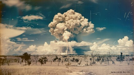 Wall Mural - Old photo of a nuclear bomb testing in desert. Fire mushroom cloud. Atomic bomb explosion. Apocalypse. AI Generated