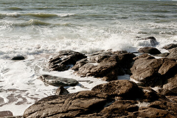 Canvas Print - rocks and waves on the beach