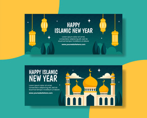 Wall Mural - Islamic New Year Horizontal Banner Flat Cartoon Hand Drawn Templates Background Illustration