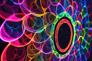 Fototapete - Vibrant neon circles forming an intricate pattern, Dynamic display of neon circles creating an elaborate and mesmerizing pattern.
