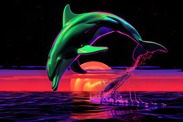 Wall Mural - Neon green dolphin jumping out of neon blue water against a crimson sunset sky isolated on black background