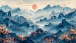 Traditional Chinese landscape painting. Traditional Chinese pattern background, heavy rain in the rainy season, flying swallows, distant mountains and rivers. Generated AI.