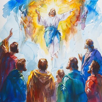 Bright cartoonish watercolor depiction of the Ascension