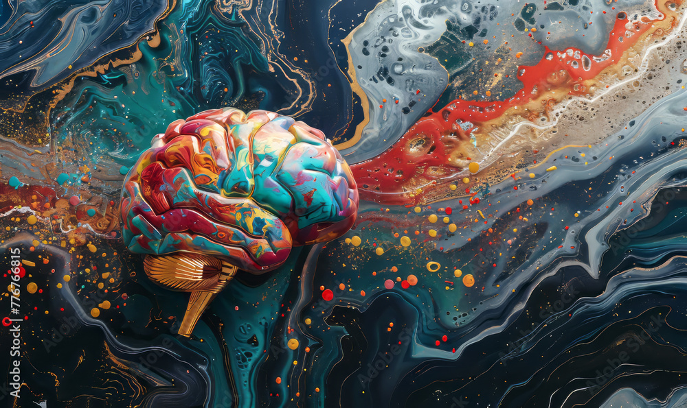 brain with circuits intertwined with paint splatters: Suggests that AI ...