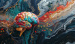 brain with circuits intertwined with paint splatters: Suggests that AI draws from both logic and creativity,generative ai