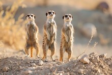 Curious Meerkats Standing Alert In The Desert, Intriguing Sight Of Vigilant Meerkats In The Arid Desert Landscape, Displaying Their Natural Curiosity And Keen Observation Skills.