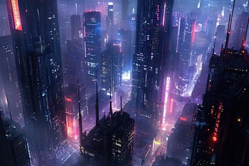 Poster - Cyberpunk cityscape with towering neon-lit skyscrapers, Futuristic urban scene characterized by towering skyscrapers illuminated with vibrant neon lights,