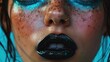 A close-up of a teen's face with bold teal eyeshadow and glossy black lips, capturing the Y2K makeup trend.