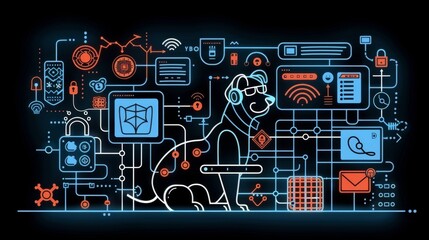 Vibrant Cybersecurity Concept Illustration with Neon Cyber Symbols and Programmer Silhouette in Dark Environment