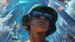 © 2D_Jungle - A portrait of a teenage boy wearing a green bucket hat and black sunglasses, with a mysterious smile, set against a futuristic cityscape.