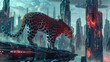 Leopard prowling through futuristic cityscapes