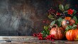 A table overflowing with pumpkins and berries is the focal point of this scene. The pumpkins vary in size and color, interspersed with clusters of vibrant berries. 