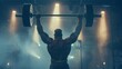 A burly strongman lifts a massive barbell above head back facing the camera as displays impressive strength. The dimly . .