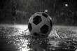 Dramatic Black and White Soccer Match in the Rain with Intense Raindrops and Puddles on the Soaked Pitch
