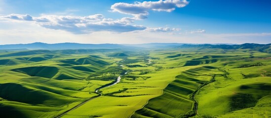 Canvas Print - Spectacular vista of a verdant valley with a meandering river flowing through its midst, surrounded by lush greenery